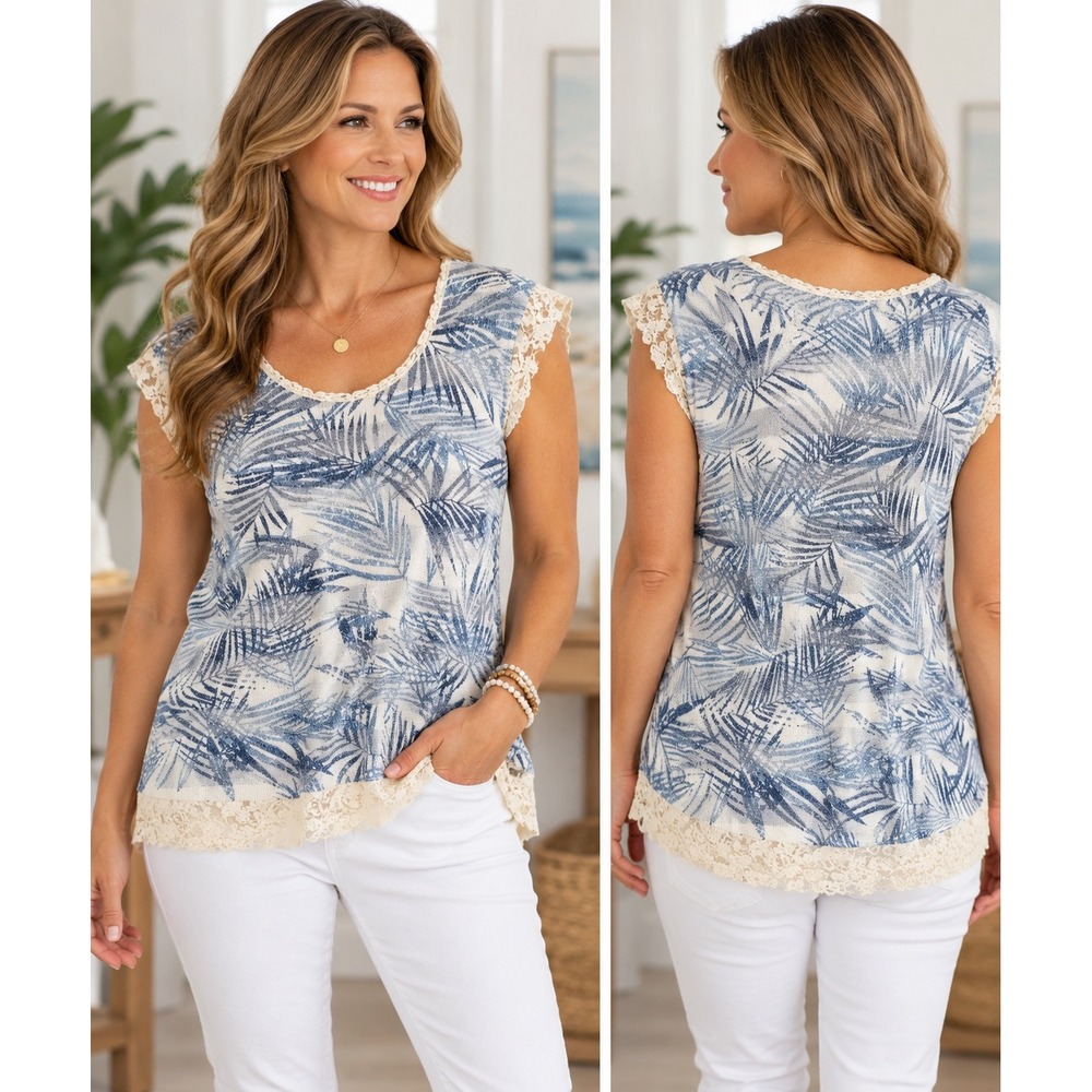 Carolyn Taylor XL Blue Palm Print Lace Trim Top Coastal Tropical Boho Shirt